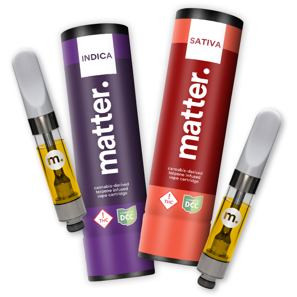 Two matter. vape cartridges next to their packaging
