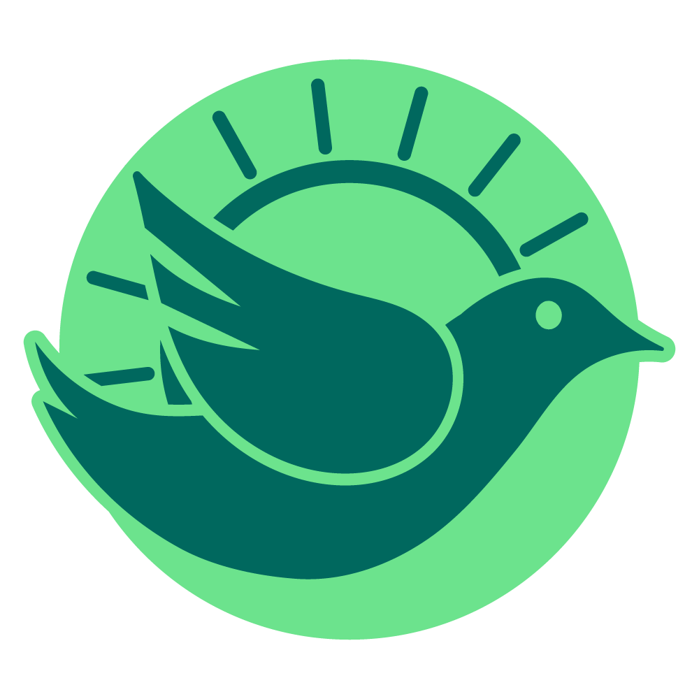 Green bird flying in front of a green sun