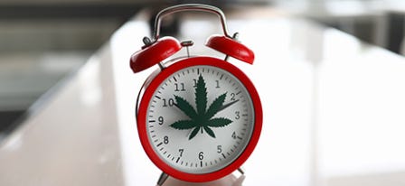 Red alarm clock with a cannabis leaf on the face
