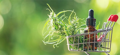 Small shopping cart with cannabis plant and a brown bottle inside