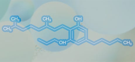 CBG molecule in front of blue bubbles
