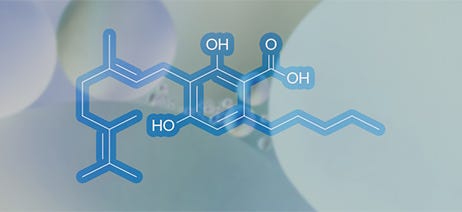 CBGA molecule in front of blue bubbles