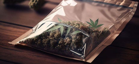 Clear bag holding cannabis flower with marijuana leaf stickers on the front