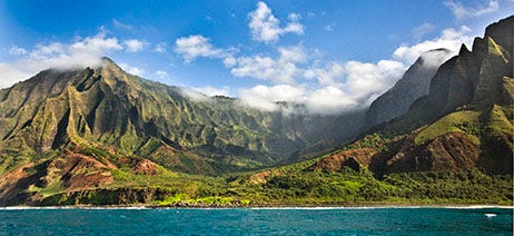 Mountains covered in trees near the ocean in Hawaii