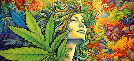 Drawing of a woman's face looking into the distance with a giant cannabis leaf in front of her on a psychedelic background
