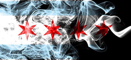 Chicago flag disappearing in a whirl of smoke
