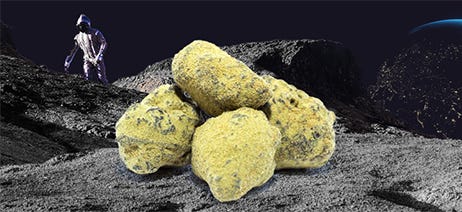 Cannabis buds coated in kief sitting on the moon with an astronaut in the background