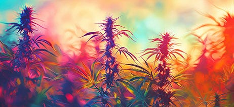 Cannabis plants growing in bright, rainbow colors