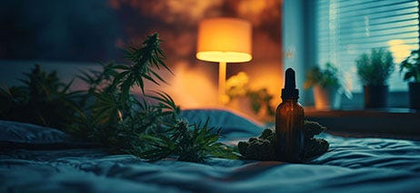 Cannabis plants and tincture bottle on a bed at night