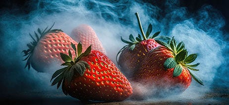 Pile of ripe strawberries sitting in a cloud of smoke