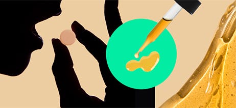 Medicine dropper with yellow liquid, person placing a tablet under their tongue