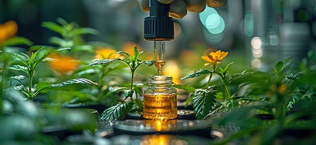 Cannabis dropper filled with THC distillate in front of live plants