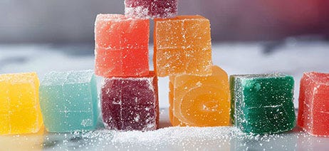 Stack of colorful THC gummies on a table