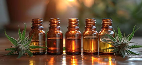 Row of four small bottles with cannabis leaves on either side