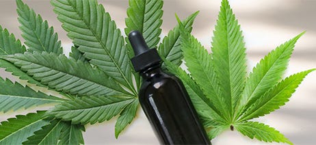 Brown tincture bottle with dropper laying on three cannabis leaves