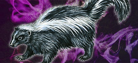 Cartoon skunk on a black background with purple smoke