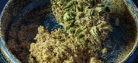 Cannabis bud with kief next to it