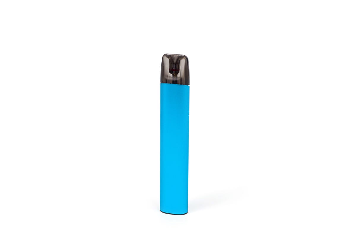 Blue disposable vape pen with a black tip