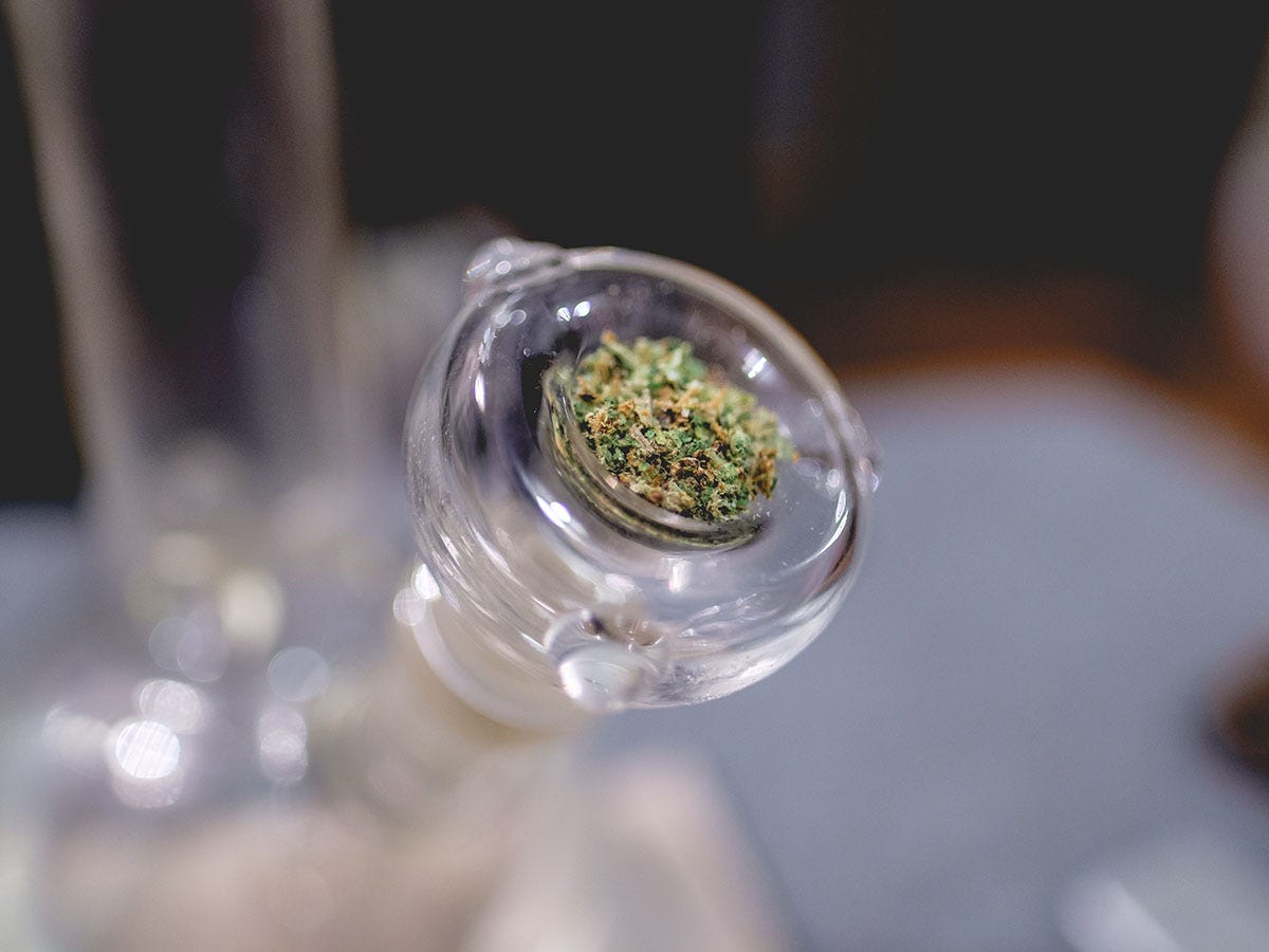 Ground cannabis in the bowl of a bong