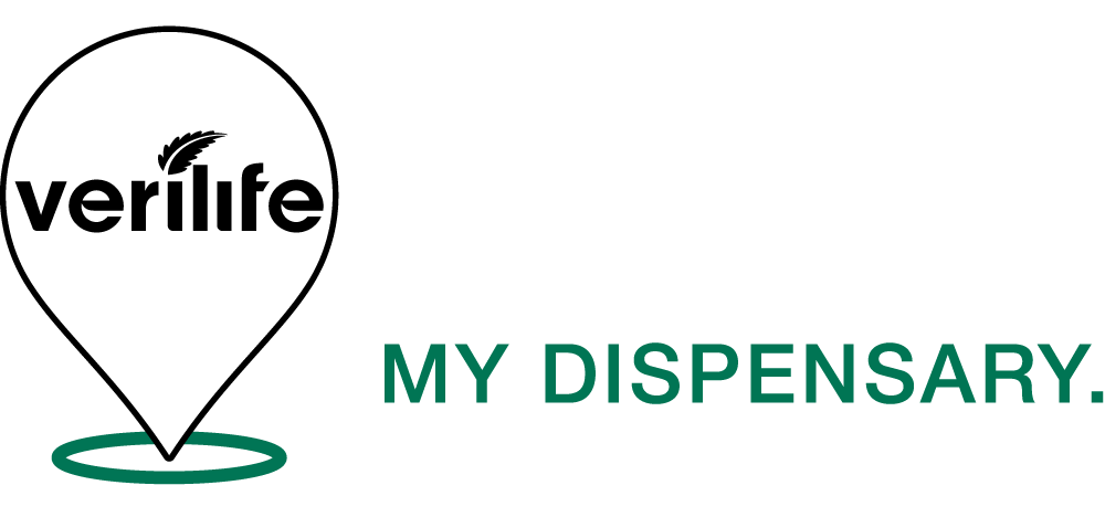 White map pin with the Verilife logo that reads: My City. My Dispensary.