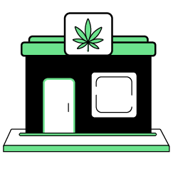 cannabis dispensary store front with a cannabis leaf on a sign on top