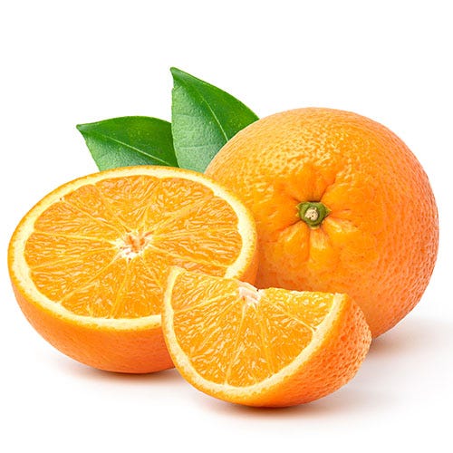 One whole orange with two halves in front of it