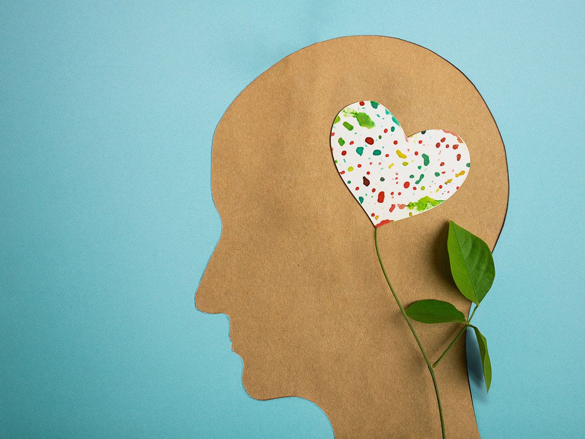 Outline of a human head with a heart and leaves where the brain is