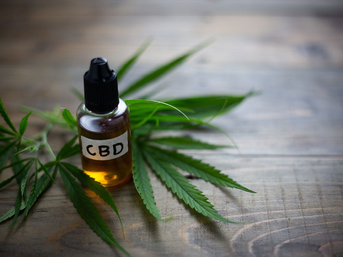 Dropper bottle with CBD written on it sitting on top of cannabis leaves