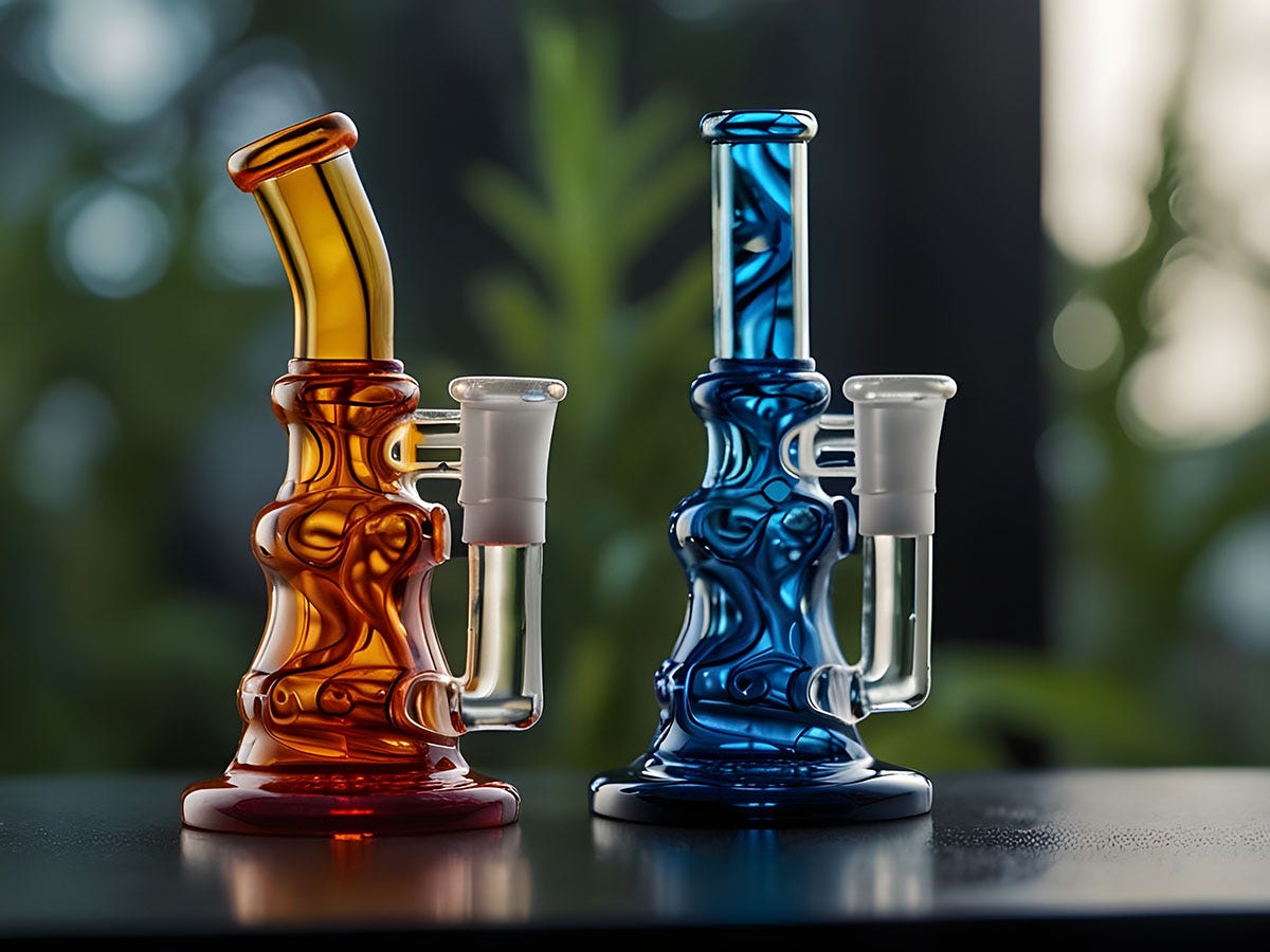Orange glass dab rig next to a blue glass dab rig on a table