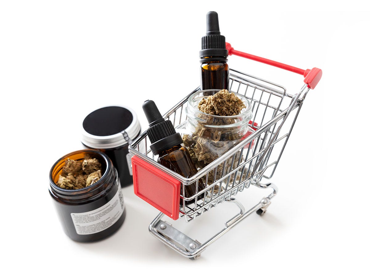Minature shopping cart filled with different cannabis products