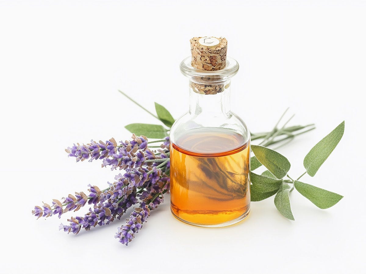 Clear bottle with amber colored liquid inside in front of a small bunch of lilacs