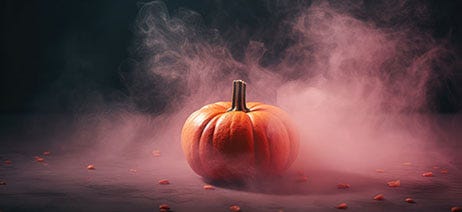 Pumpkin in front of orange swirls of smoke
