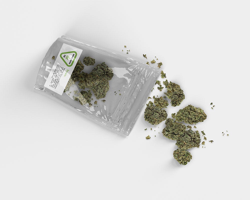 Cannabis flower packaging with flower coming out of it