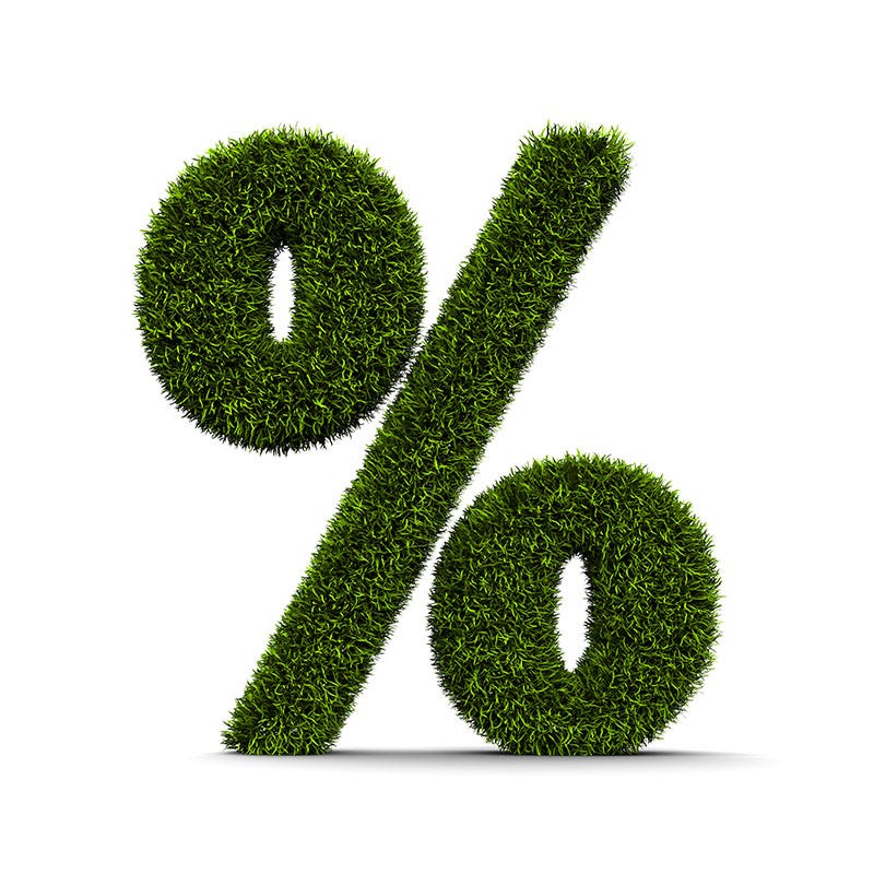 Percentage symbol made out of green leaves