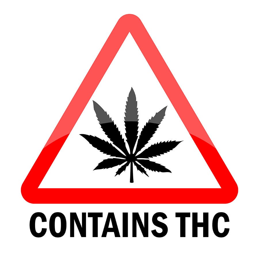 Red warning sign that says 'Contains THC'