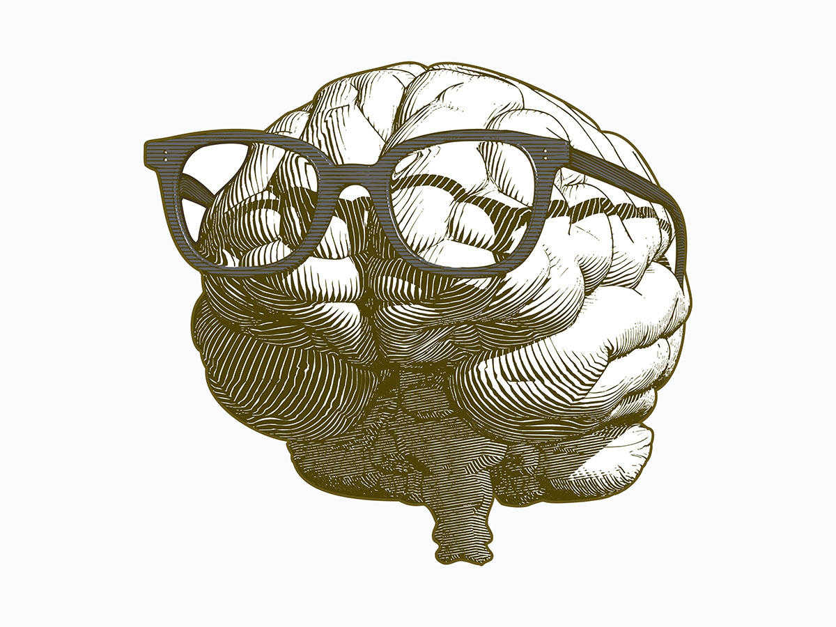 Illustration of a brain wearing glasses